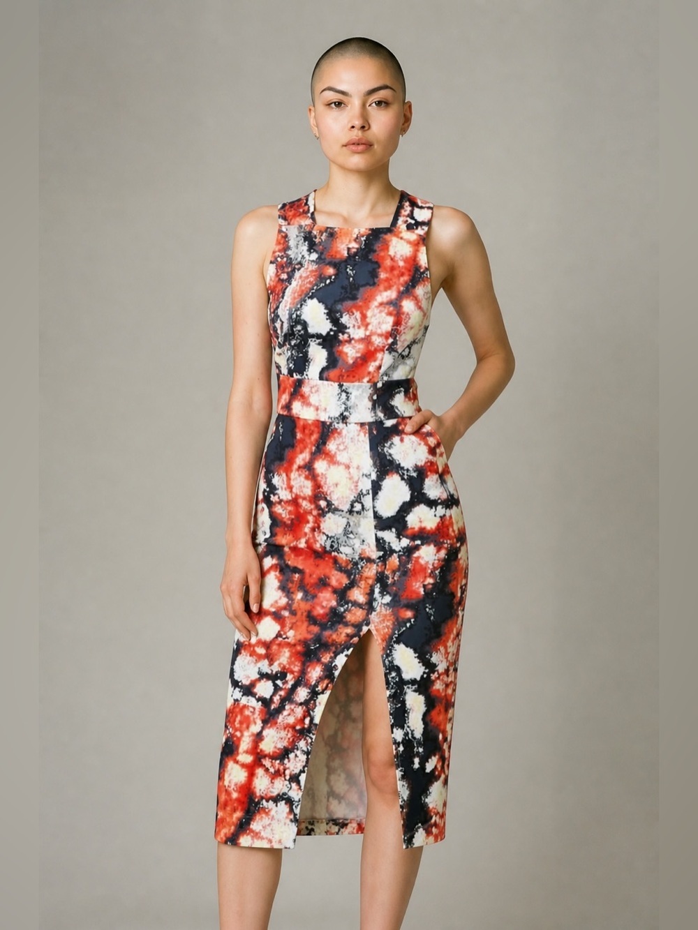 ASOS Red, Navy and White Abstract Print Midi Dress with Front Slit